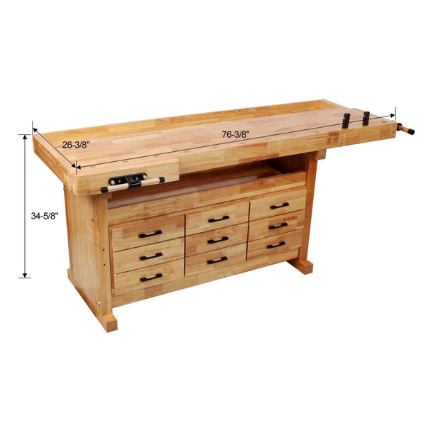 English Elm 9 Drawer Solid Hevea Butcher Block Workbench with Dual Vises and Bench Dog Holes W465S00140