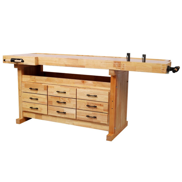 English Elm 9 Drawer Solid Hevea Butcher Block Workbench with Dual Vises and Bench Dog Holes W465S00140