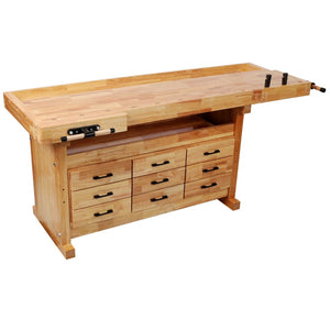 English Elm 9 Drawer Solid Hevea Butcher Block Workbench with Dual Vises and Bench Dog Holes W465S00140