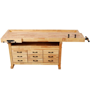 English Elm 9 Drawer Solid Hevea Butcher Block Workbench with Dual Vises and Bench Dog Holes W465S00140