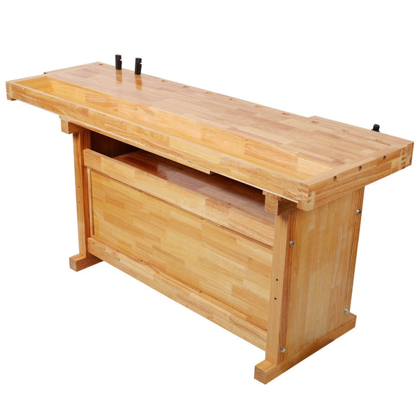 English Elm 9 Drawer Solid Hevea Butcher Block Workbench with Dual Vises and Bench Dog Holes W465S00140