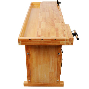 English Elm 9 Drawer Solid Hevea Butcher Block Workbench with Dual Vises and Bench Dog Holes W465S00140