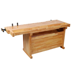 English Elm 9 Drawer Solid Hevea Butcher Block Workbench with Dual Vises and Bench Dog Holes W465S00140