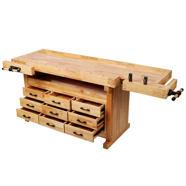 English Elm 9 Drawer Solid Hevea Butcher Block Workbench with Dual Vises and Bench Dog Holes W465S00140