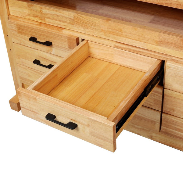 English Elm 9 Drawer Solid Hevea Butcher Block Workbench with Dual Vises and Bench Dog Holes W465S00140