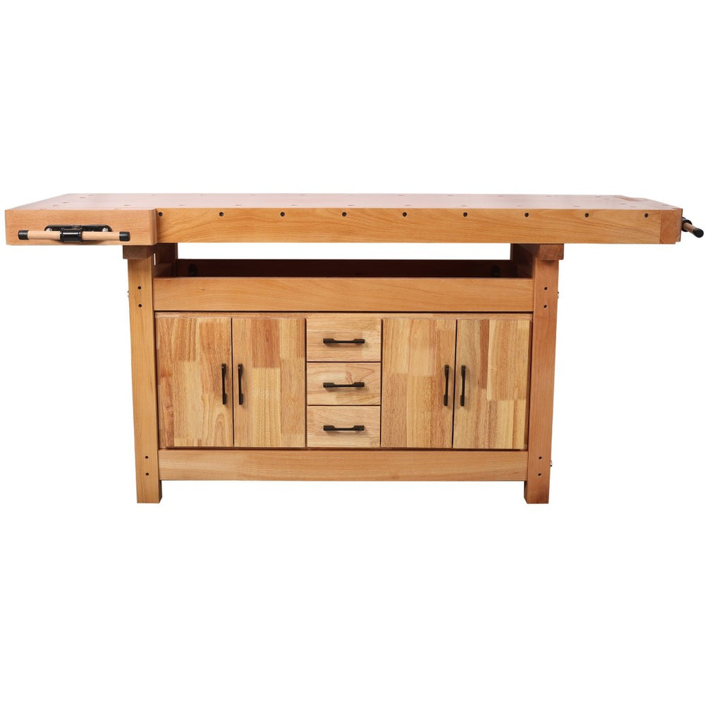 English Elm 72" Rubberwood Beech Butcher Block Workbench with Vise Drawers and Cabinet Storage W465S00141