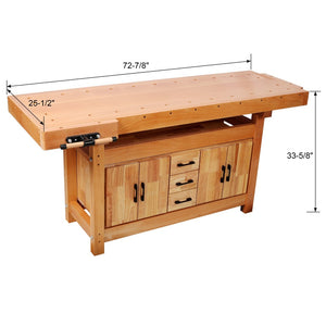 English Elm 72" Rubberwood Beech Butcher Block Workbench with Vise Drawers and Cabinet Storage W465S00141