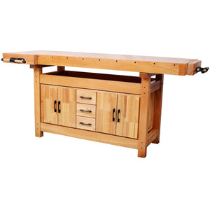 English Elm 72" Rubberwood Beech Butcher Block Workbench with Vise Drawers and Cabinet Storage W465S00141