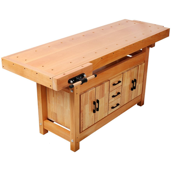 English Elm 72" Rubberwood Beech Butcher Block Workbench with Vise Drawers and Cabinet Storage W465S00141