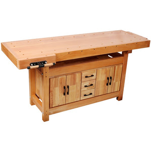 English Elm 72" Rubberwood Beech Butcher Block Workbench with Vise Drawers and Cabinet Storage W465S00141
