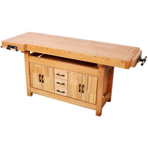 English Elm 72" Rubberwood Beech Butcher Block Workbench with Vise Drawers and Cabinet Storage W465S00141
