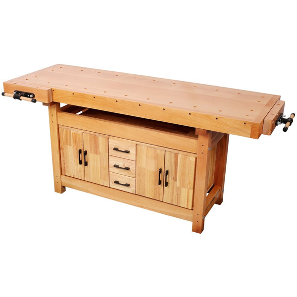 English Elm 72" Rubberwood Beech Butcher Block Workbench with Vise Drawers and Cabinet Storage W465S00141