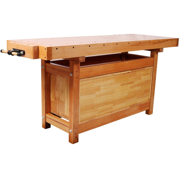 English Elm 72" Rubberwood Beech Butcher Block Workbench with Vise Drawers and Cabinet Storage W465S00141