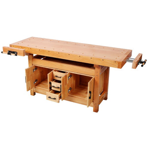 English Elm 72" Rubberwood Beech Butcher Block Workbench with Vise Drawers and Cabinet Storage W465S00141