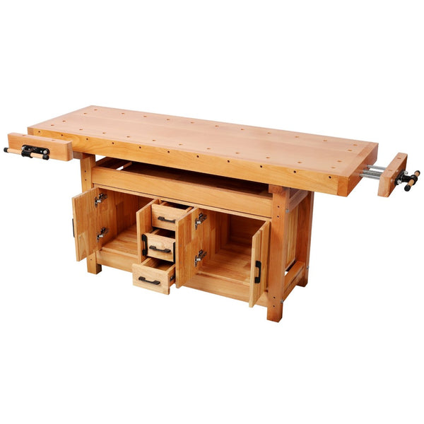 English Elm 72" Rubberwood Beech Butcher Block Workbench with Vise Drawers and Cabinet Storage W465S00141