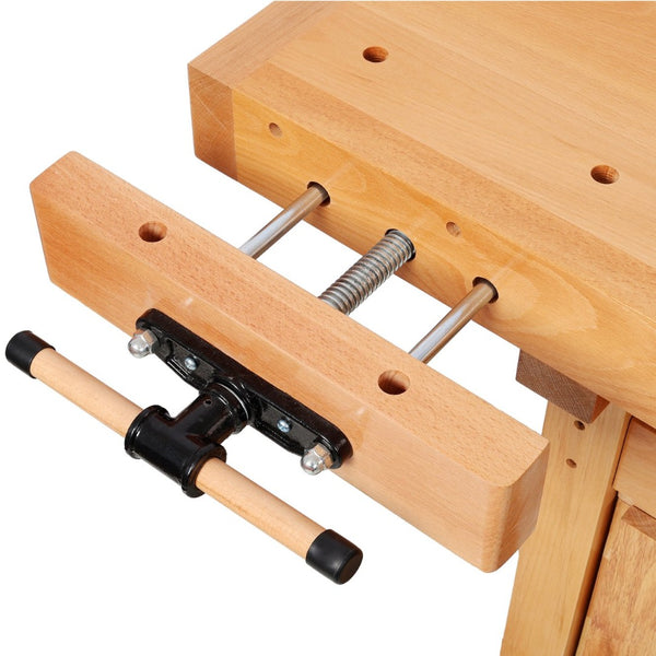 English Elm 72" Rubberwood Beech Butcher Block Workbench with Vise Drawers and Cabinet Storage W465S00141