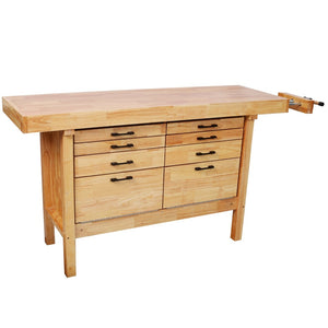 English Elm 62-1/2" Solid Rubberwood Workbench Butcher Block Top Integrated Vise 8 Drawers W465S00142