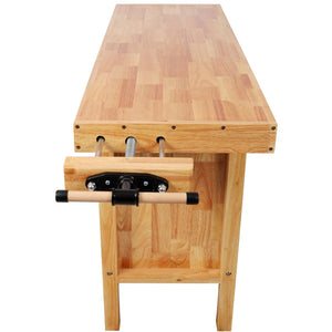 English Elm 62-1/2" Solid Rubberwood Workbench Butcher Block Top Integrated Vise 8 Drawers W465S00142
