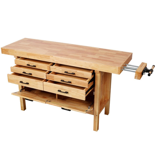 English Elm 62-1/2" Solid Rubberwood Workbench Butcher Block Top Integrated Vise 8 Drawers W465S00142