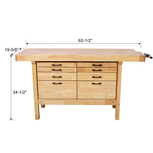 English Elm 62-1/2" Solid Rubberwood Workbench Butcher Block Top Integrated Vise 8 Drawers W465S00142
