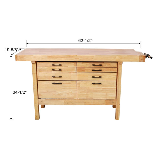 English Elm 62-1/2" Solid Rubberwood Workbench Butcher Block Top Integrated Vise 8 Drawers W465S00142