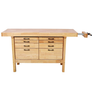 English Elm 62-1/2" Solid Rubberwood Workbench Butcher Block Top Integrated Vise 8 Drawers W465S00142