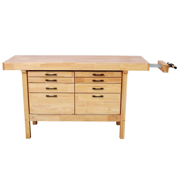 English Elm 62-1/2" Solid Rubberwood Workbench Butcher Block Top Integrated Vise 8 Drawers W465S00142