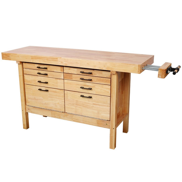 English Elm 62-1/2" Solid Rubberwood Workbench Butcher Block Top Integrated Vise 8 Drawers W465S00142