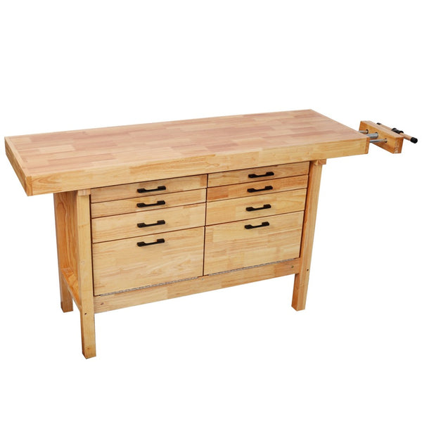 English Elm 62-1/2" Solid Rubberwood Workbench Butcher Block Top Integrated Vise 8 Drawers W465S00142