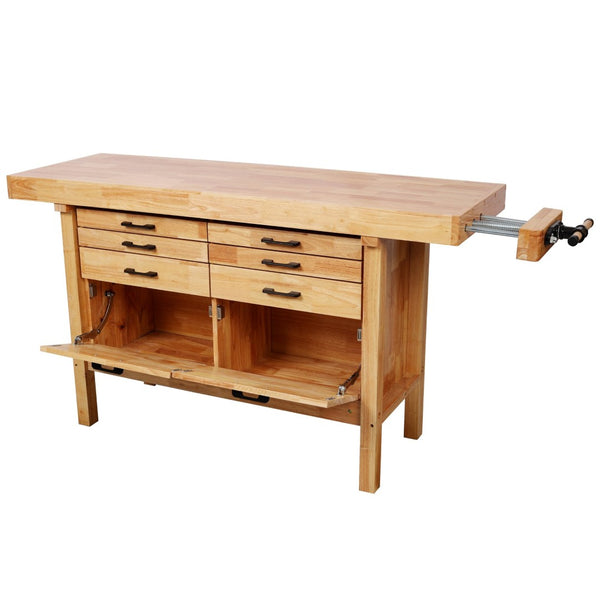 English Elm 62-1/2" Solid Rubberwood Workbench Butcher Block Top Integrated Vise 8 Drawers W465S00142