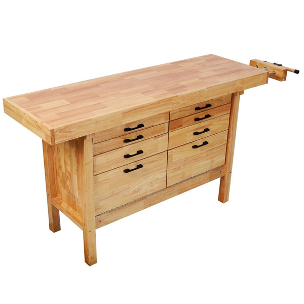 English Elm 62-1/2" Solid Rubberwood Workbench Butcher Block Top Integrated Vise 8 Drawers W465S00142