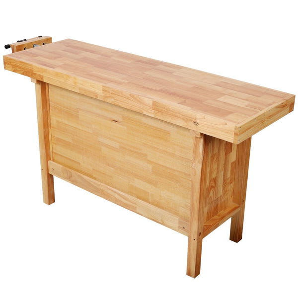 English Elm 62-1/2" Solid Rubberwood Workbench Butcher Block Top Integrated Vise 8 Drawers W465S00142