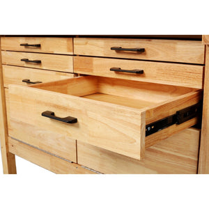 English Elm 62-1/2" Solid Rubberwood Workbench Butcher Block Top Integrated Vise 8 Drawers W465S00142