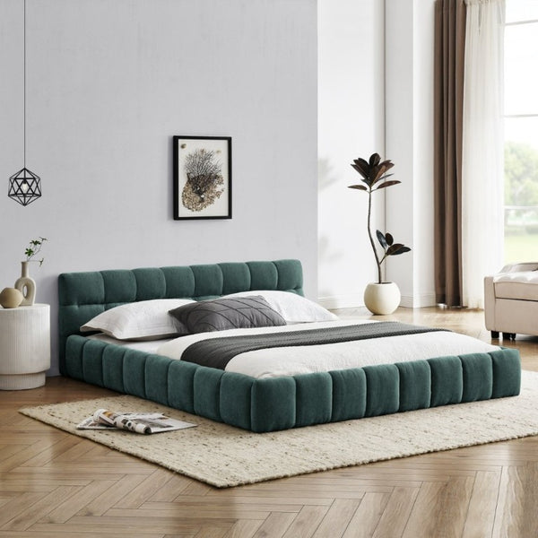 English Elm 2620Q-Blue-B Queen Platform Bed Plush Chenille Upholstered Frame Modern Bedroom W487P235275