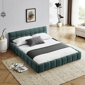 English Elm 2620Q-Blue-B Queen Platform Bed Plush Chenille Upholstered Frame Modern Bedroom W487P235275