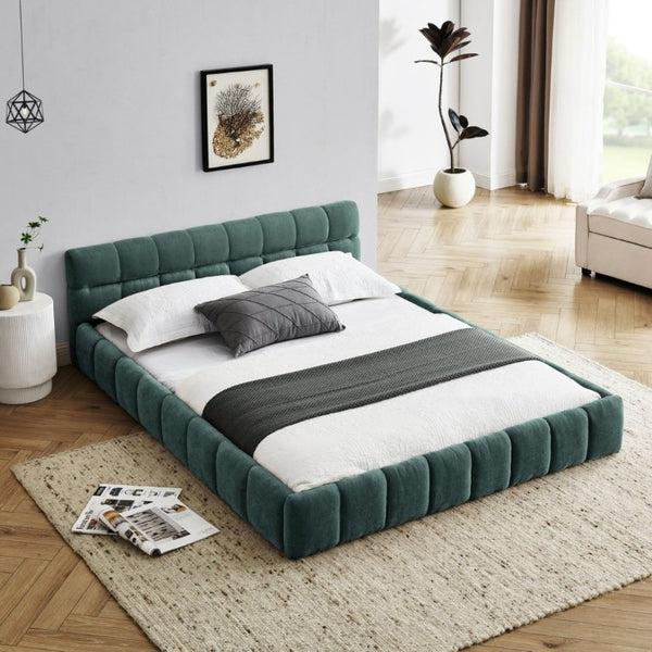 English Elm 2620Q-Blue-B Queen Platform Bed Plush Chenille Upholstered Frame Modern Bedroom W487P235275