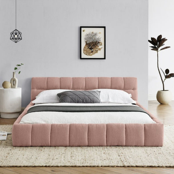 English Elm 2620Q-Pink-A Queen Platform Bed Full Chenille Upholstery Clean Lined Modern Frame W487P235276