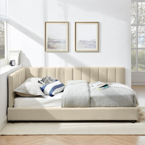 English Elm 2624F-Bge-B Full Velvet Daybed with Eucalyptus Frame Mid-Century Asymmetric Lounger W487P266074