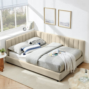 English Elm 2624F-Bge-B Full Velvet Daybed with Eucalyptus Frame Mid-Century Asymmetric Lounger W487P266074