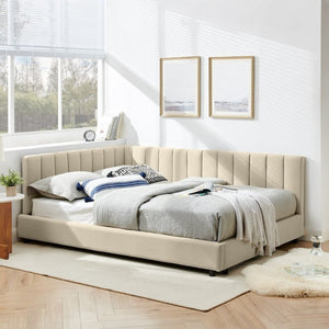 English Elm 2624F-Bge-B Full Velvet Daybed with Eucalyptus Frame Mid-Century Asymmetric Lounger W487P266074