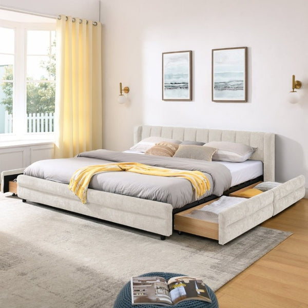 English Elm 2622K-Bge-A1 Chenille Upholstered King Storage Bed Low Profile Platform Bedroom Frame W487P355187