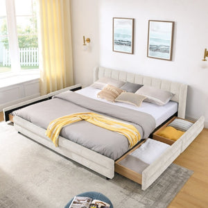 English Elm 2622K-Bge-A1 Chenille Upholstered King Storage Bed Low Profile Platform Bedroom Frame W487P355187