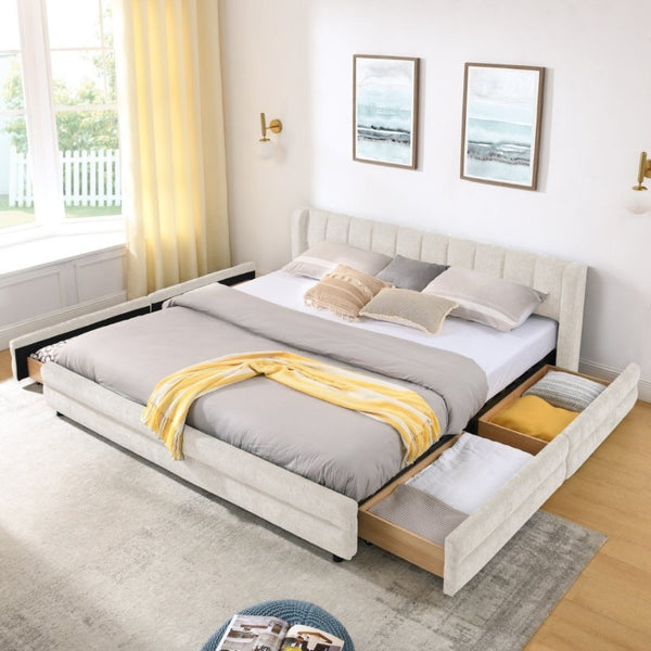 English Elm 2622K-Bge-A1 Chenille Upholstered King Storage Bed Low Profile Platform Bedroom Frame W487P355187