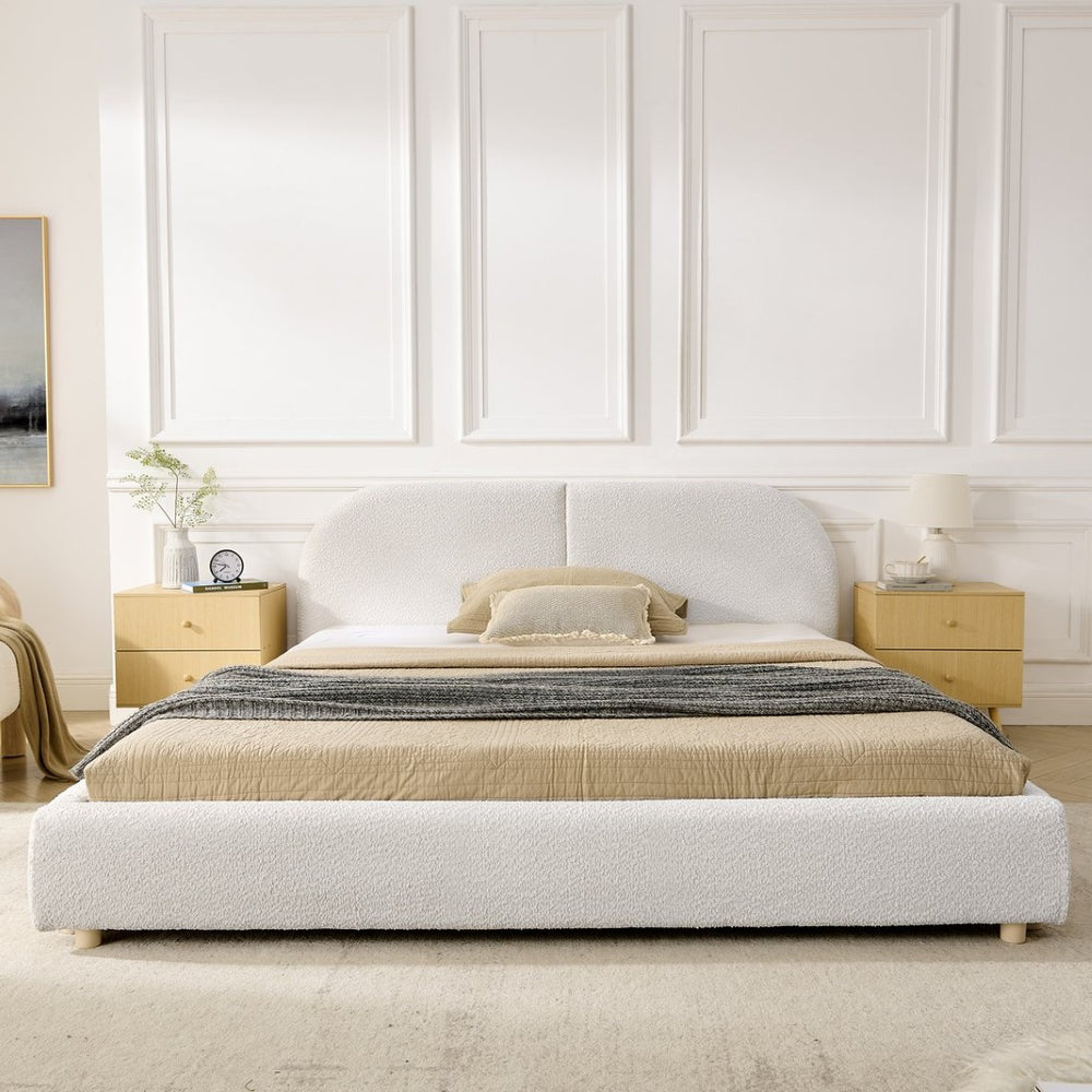 English Elm 2630q-bge-b Queen Platform Bed Tall Curved Upholstered Headboard Modern Farmhouse Style W487P436523