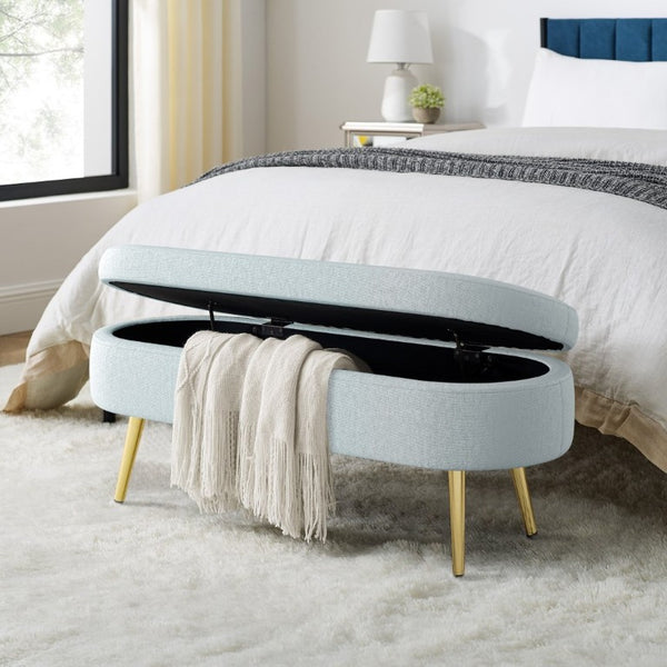 English Elm Ottoman Oval Flannel Storage Bench with Metal Legs for Bedroom or Living Room W487P438629