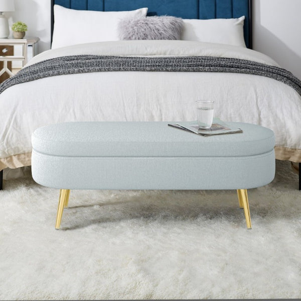 English Elm Ottoman Oval Flannel Storage Bench with Metal Legs for Bedroom or Living Room W487P438629