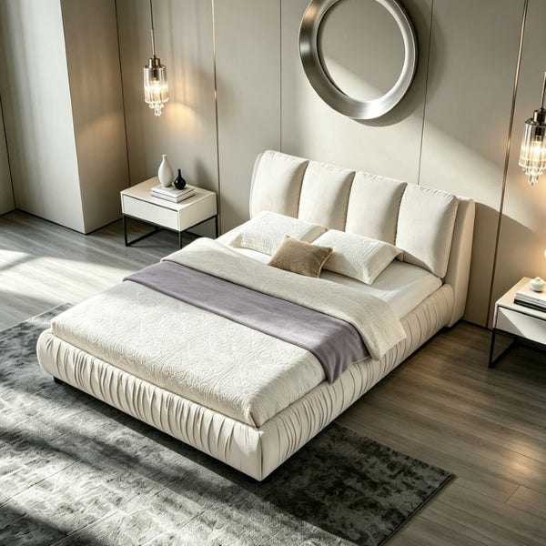 English Elm 2634Q-Bge-A Queen Platform Bed Pleated Upholstered Headboard Modern Minimalist Frame W487P489320