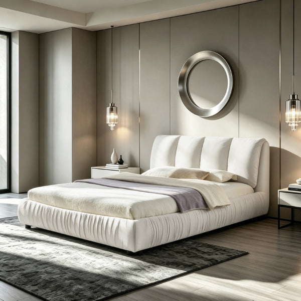 English Elm 2634Q-Bge-A Queen Platform Bed Pleated Upholstered Headboard Modern Minimalist Frame W487P489320