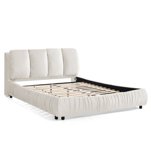 English Elm 2634Q-Bge-A Queen Platform Bed Pleated Upholstered Headboard Modern Minimalist Frame W487P489320