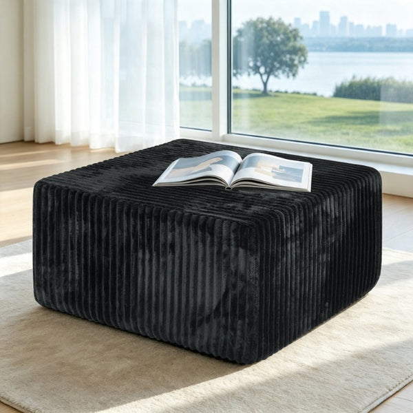 English Elm Square Corduroy Modular Ottoman Cube Ribbed Upholstered Footrest for Living Rooms Black W487P496382
